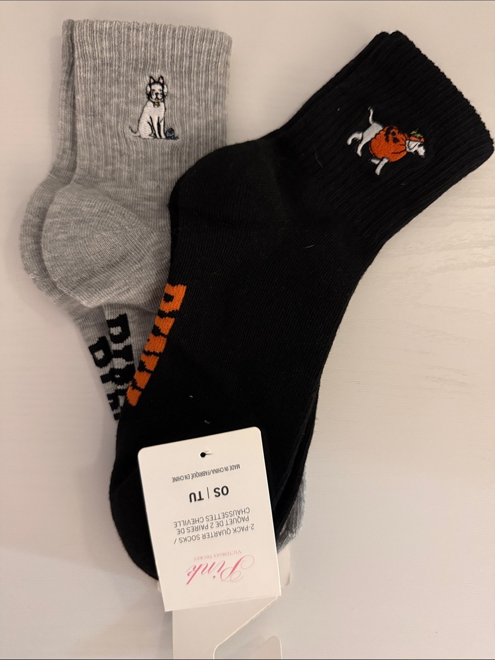 PINK Victoria's Secret 2-Pack Crew Socks with Dog Embroidery - Black & Gray